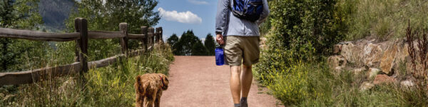 man walking with labradoodle dog on path